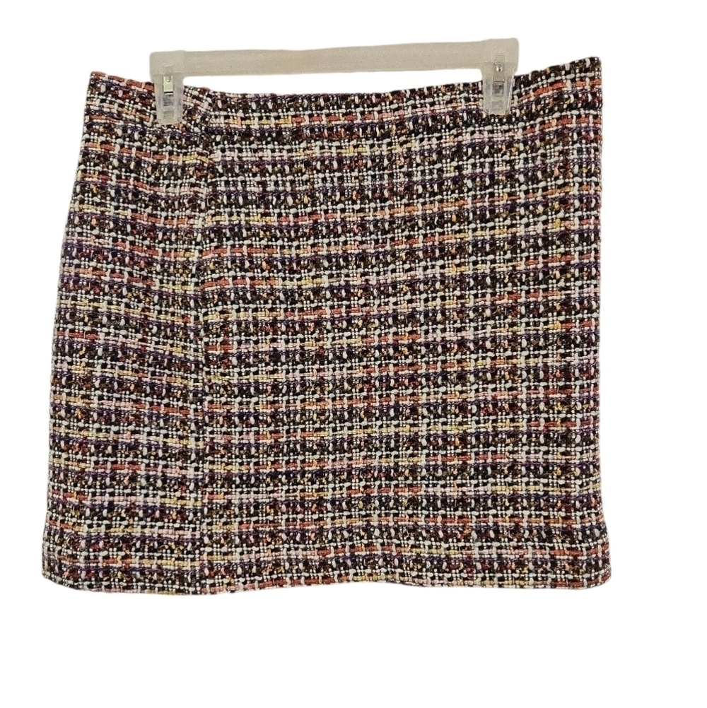 J. CREW FACTORY MULTI-COLORED METALLIC TWEED MINI PENCIL SKIRT. SIZE 8.